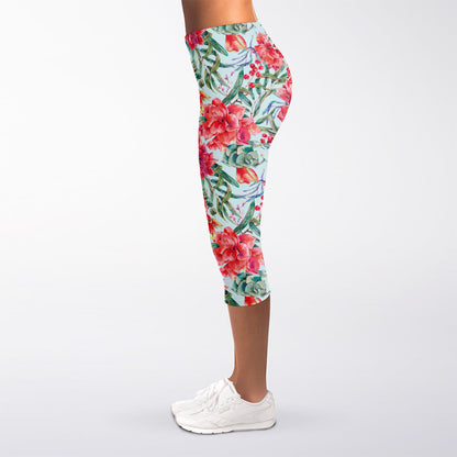 Red Amaryllis Pattern Print Women's Capri Leggings