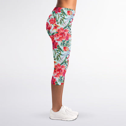 Red Amaryllis Pattern Print Women's Capri Leggings