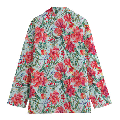Red Amaryllis Pattern Print Women's Cotton Blazer