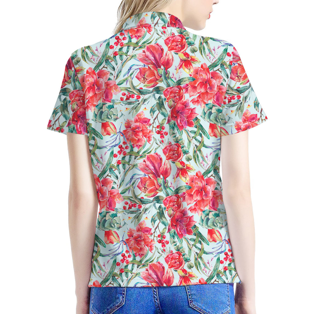 Red Amaryllis Pattern Print Women's Polo Shirt