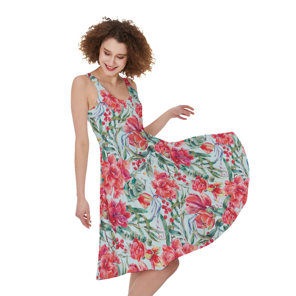 Red Amaryllis Pattern Print Women's Sleeveless Dress