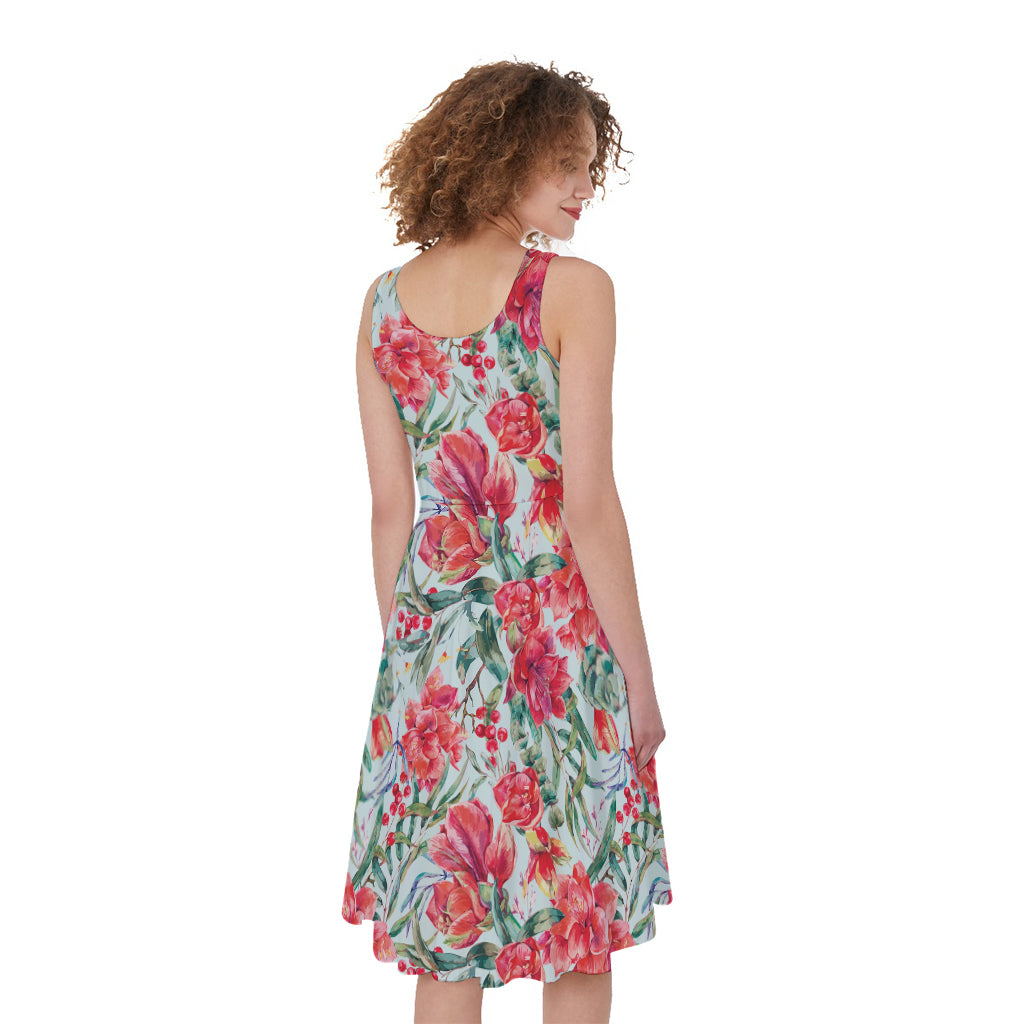 Red Amaryllis Pattern Print Women's Sleeveless Dress