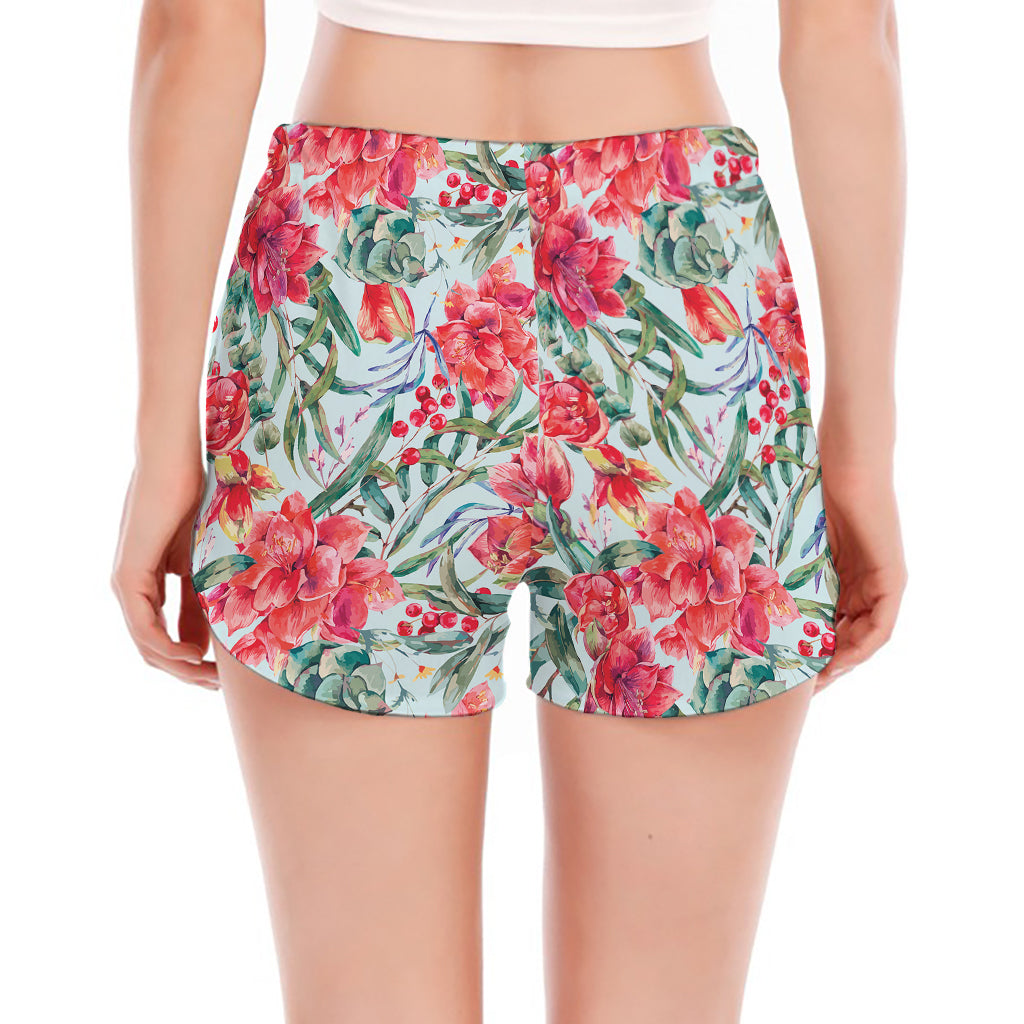 Red Amaryllis Pattern Print Women's Split Running Shorts