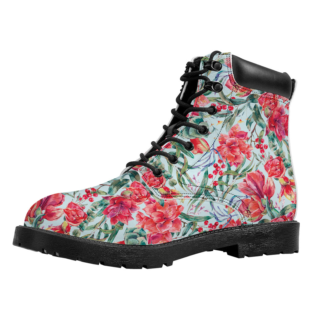 Red Amaryllis Pattern Print Work Boots