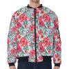 Red Amaryllis Pattern Print Zip Sleeve Bomber Jacket