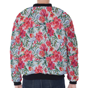 Red Amaryllis Pattern Print Zip Sleeve Bomber Jacket