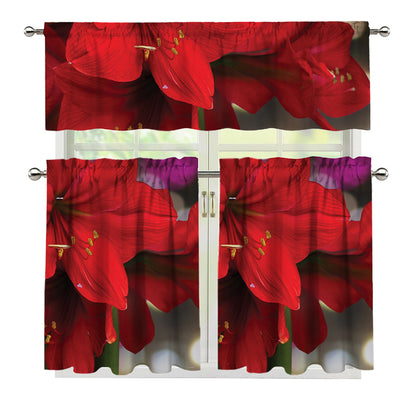 Red Amaryllis Print 3 Piece Kitchen Curtains