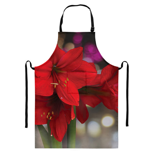 Red Amaryllis Print Bib Apron With Pocket