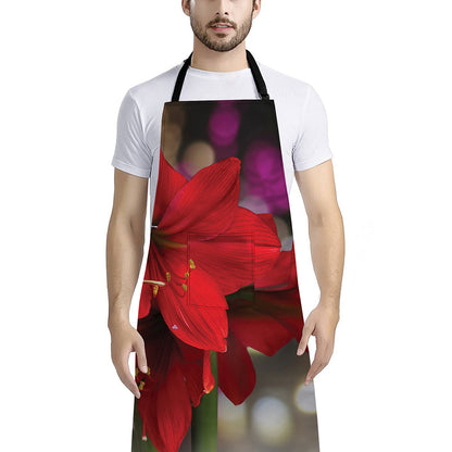 Red Amaryllis Print Bib Apron With Pocket