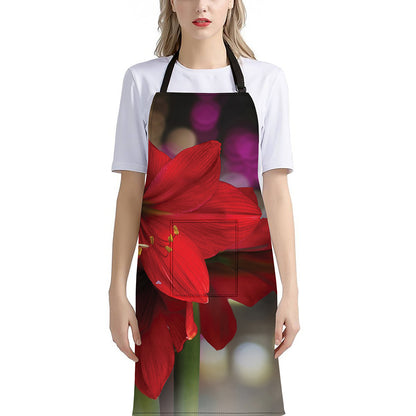 Red Amaryllis Print Bib Apron With Pocket