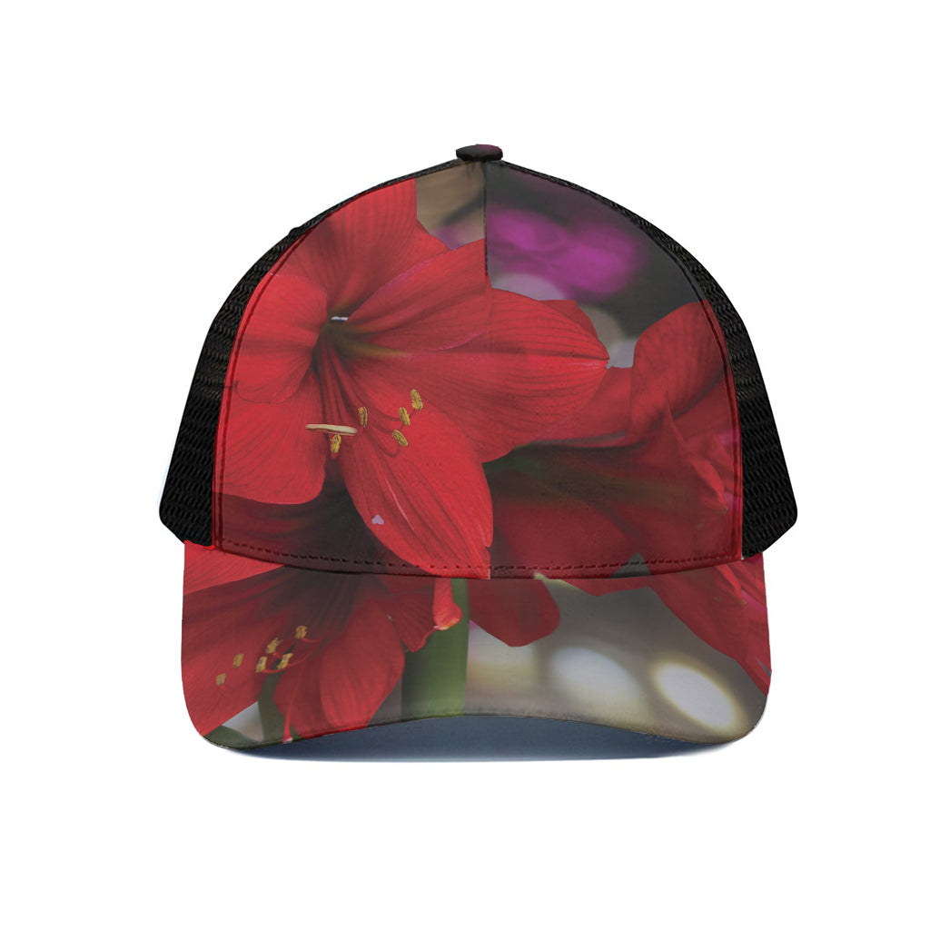 Red Amaryllis Print Black Mesh Trucker Cap