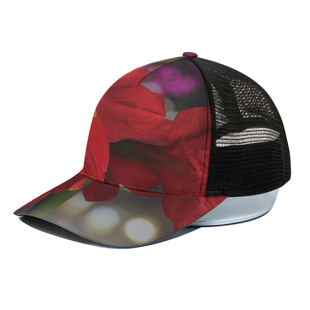 Red Amaryllis Print Black Mesh Trucker Cap