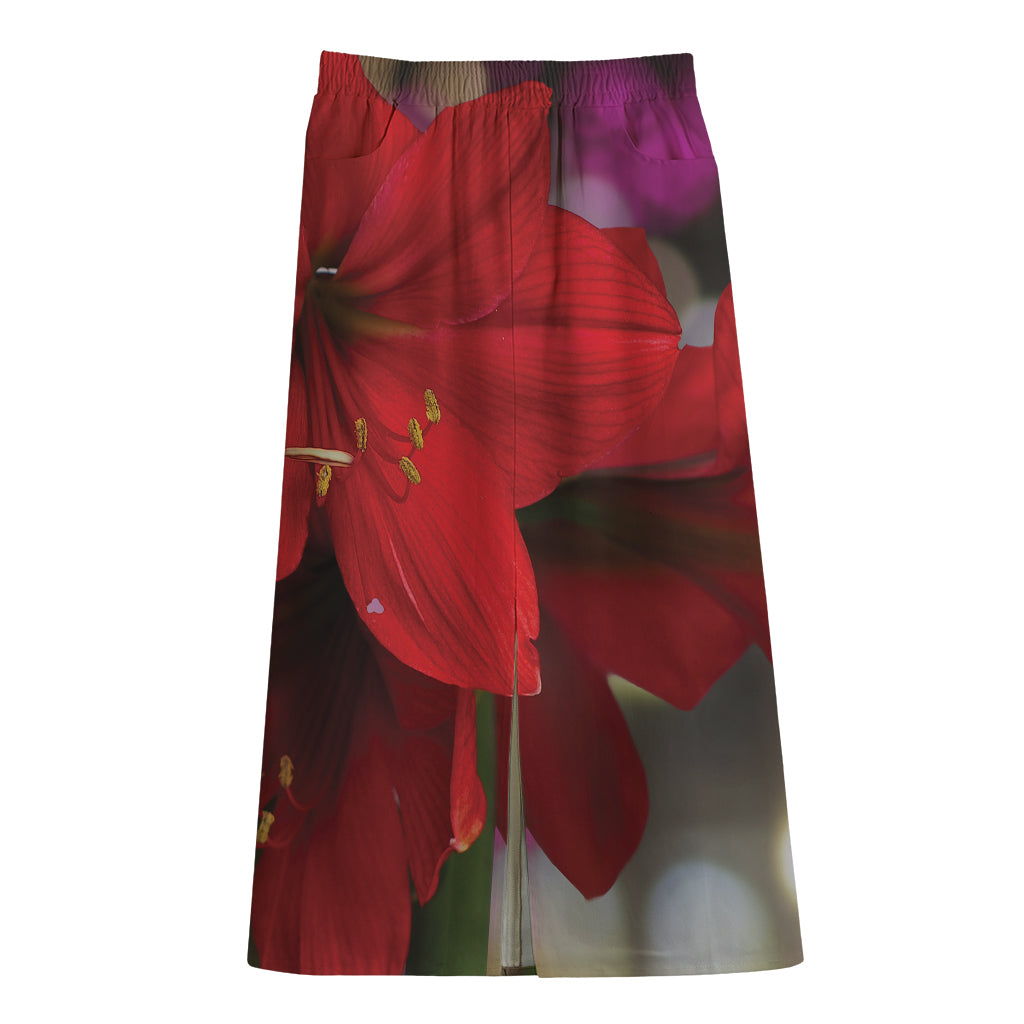 Red Amaryllis Print Cotton Front Slit Maxi Skirt