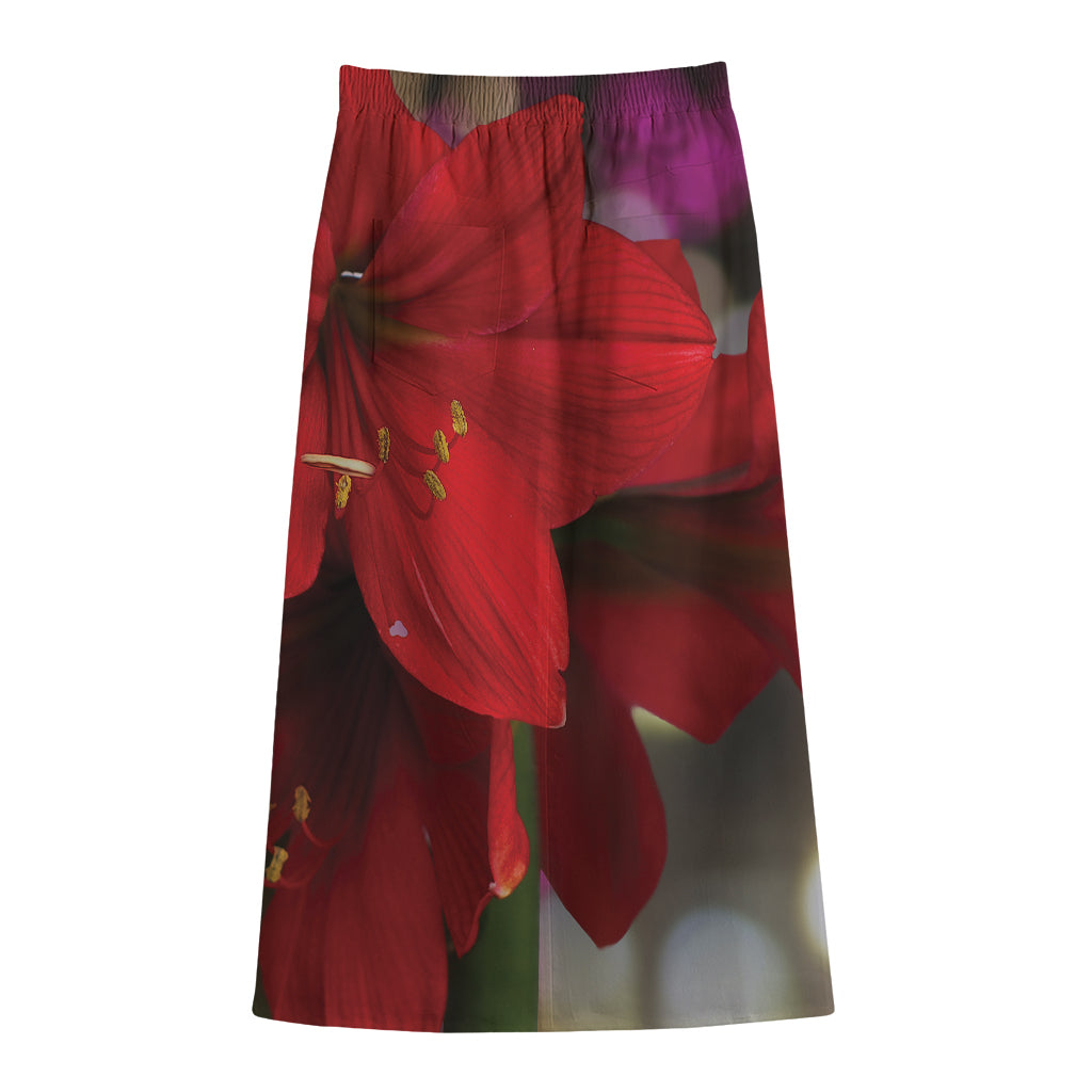 Red Amaryllis Print Cotton Front Slit Maxi Skirt