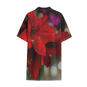 Red Amaryllis Print Cotton Hawaiian Shirt