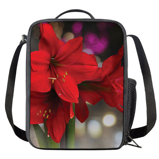 Red Amaryllis Print Crossbody Lunch Bag