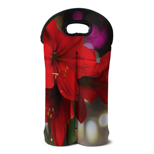 Red Amaryllis Print Double Neoprene Wine Tote
