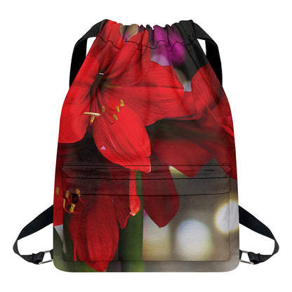 Red Amaryllis Print Drawstring Backpack