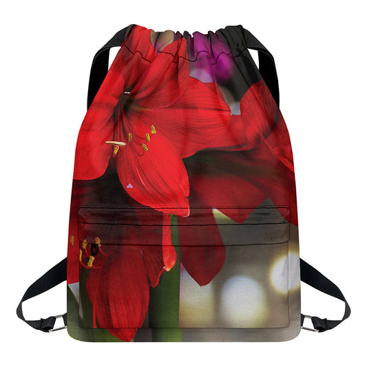 Red Amaryllis Print Drawstring Backpack