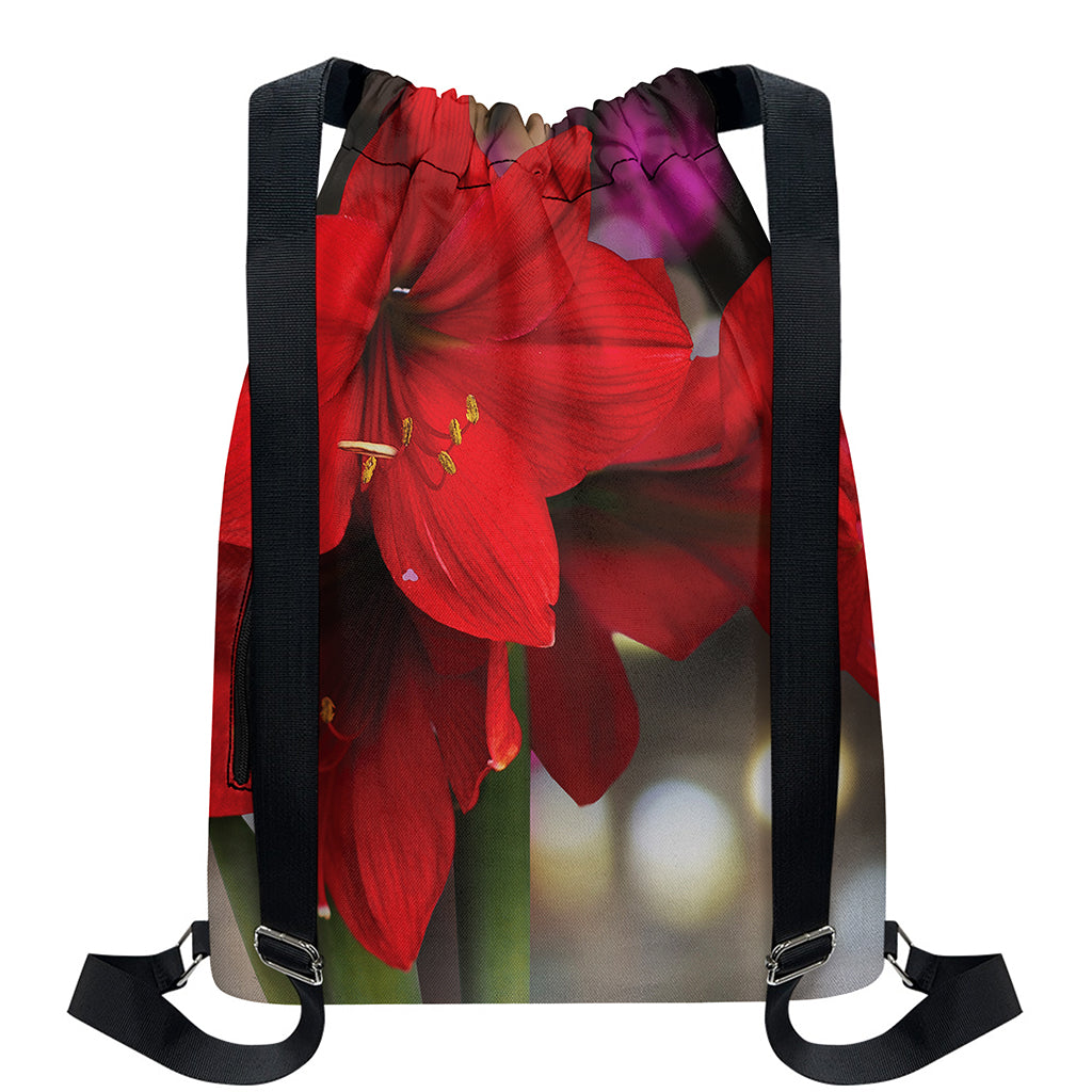 Red Amaryllis Print Drawstring Backpack