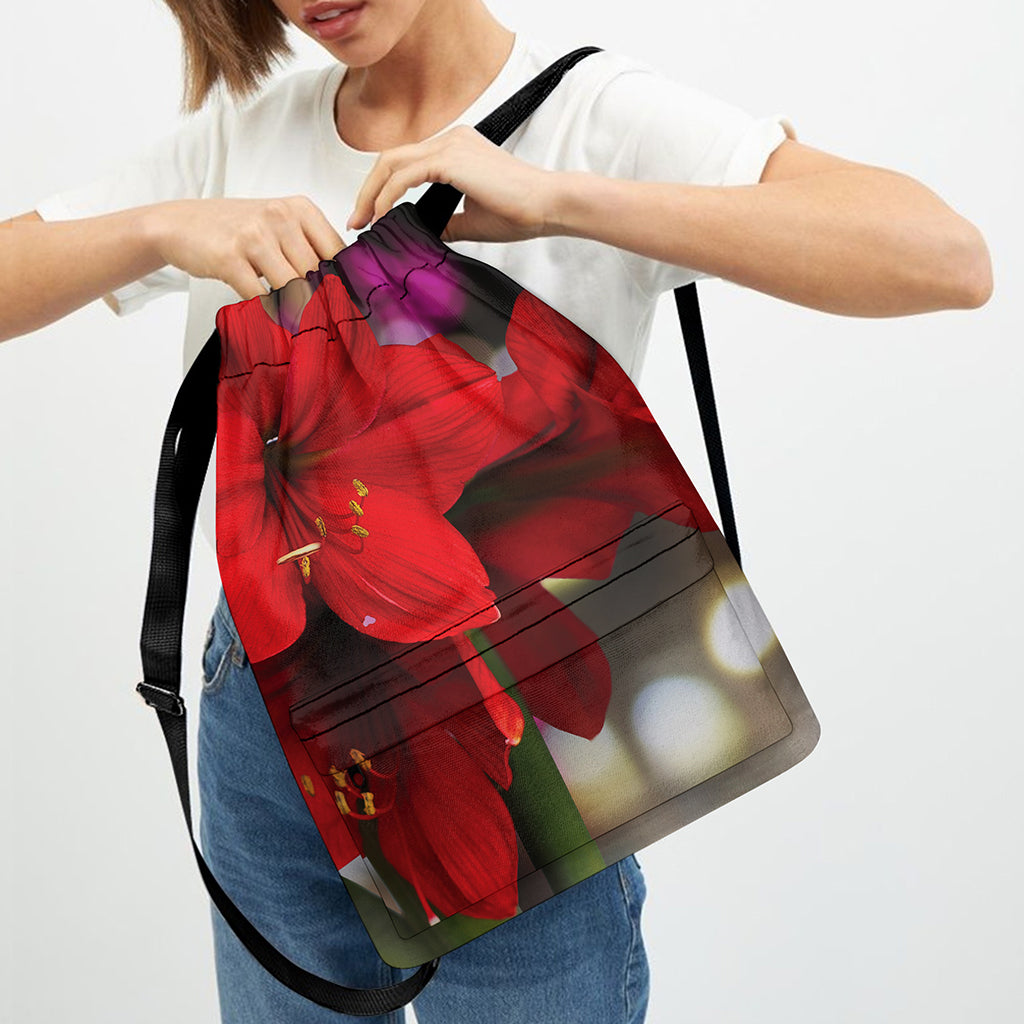 Red Amaryllis Print Drawstring Backpack