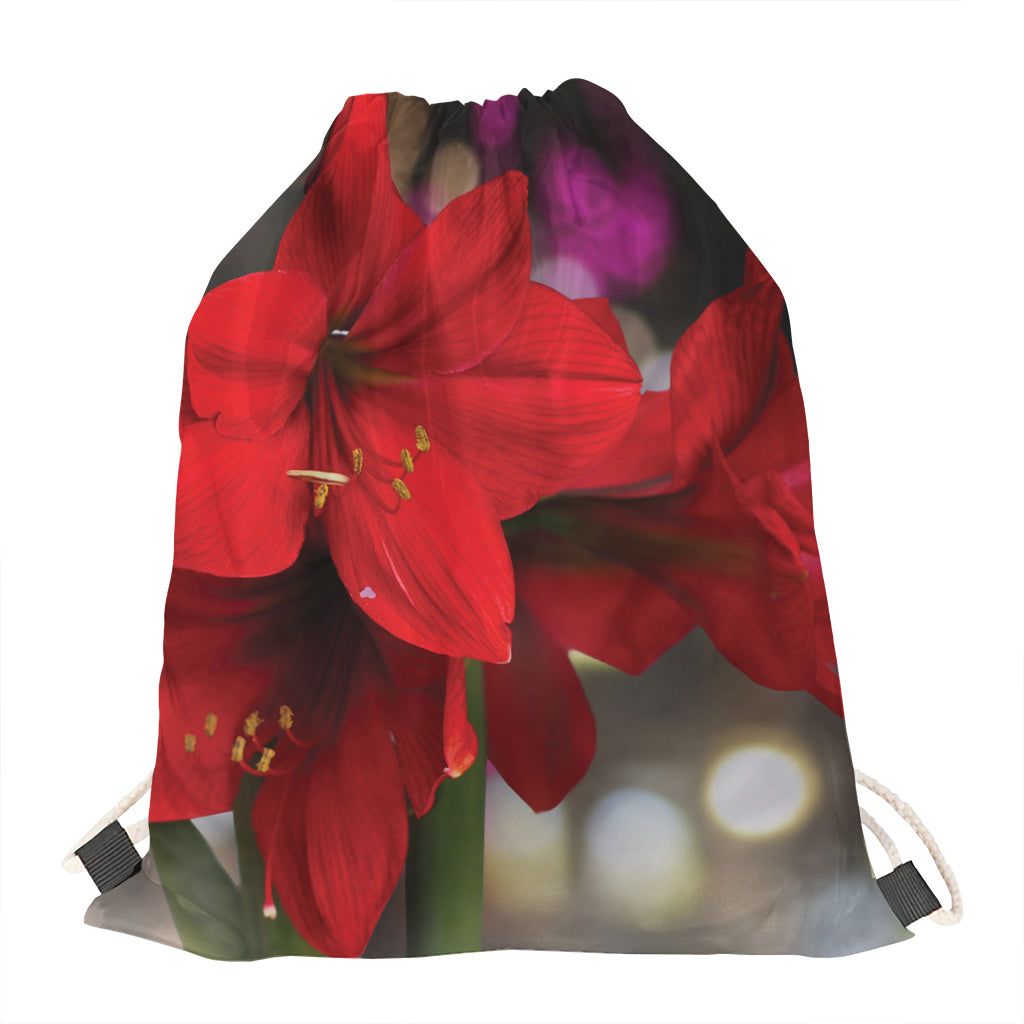 Red Amaryllis Print Drawstring Bag