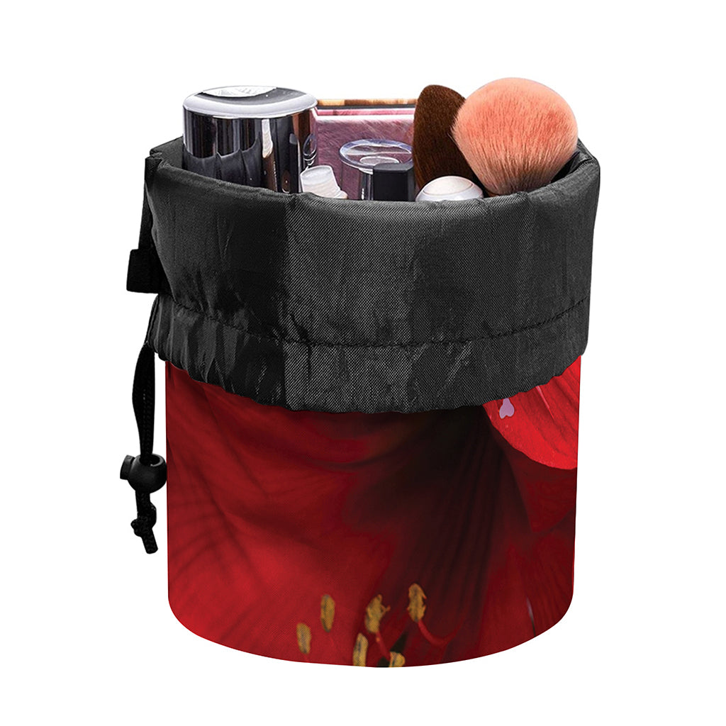 Red Amaryllis Print Drawstring Makeup Bag