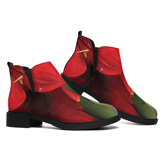 Red Amaryllis Print Flat Ankle Boots