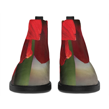 Red Amaryllis Print Flat Ankle Boots