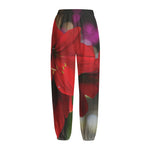 Red Amaryllis Print Fleece Lined Knit Pants