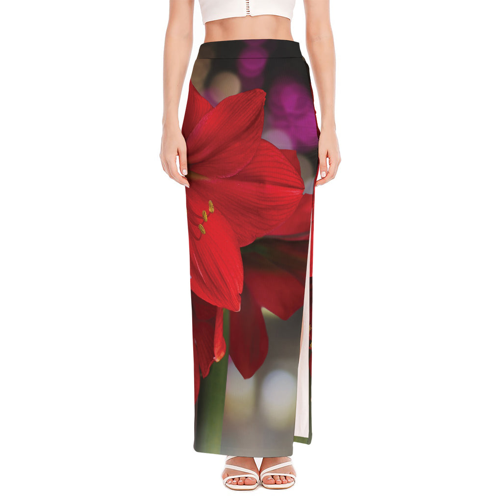 Red Amaryllis Print High Slit Maxi Skirt