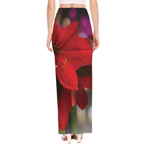 Red Amaryllis Print High Slit Maxi Skirt