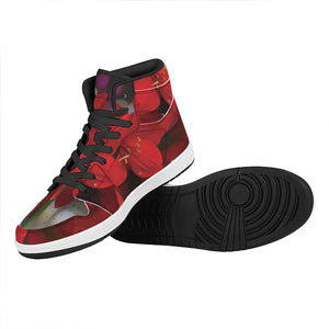 Red Amaryllis Print High Top Leather Sneakers