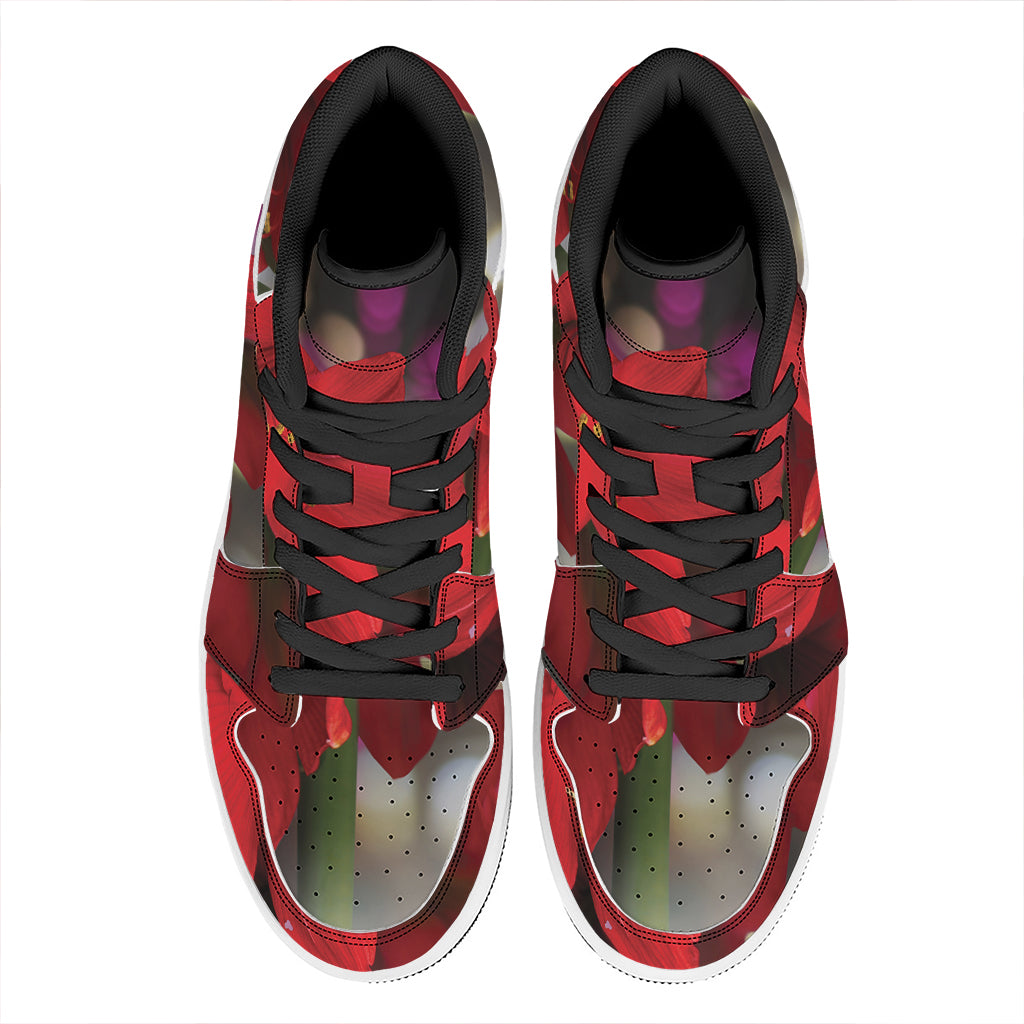 Red Amaryllis Print High Top Leather Sneakers