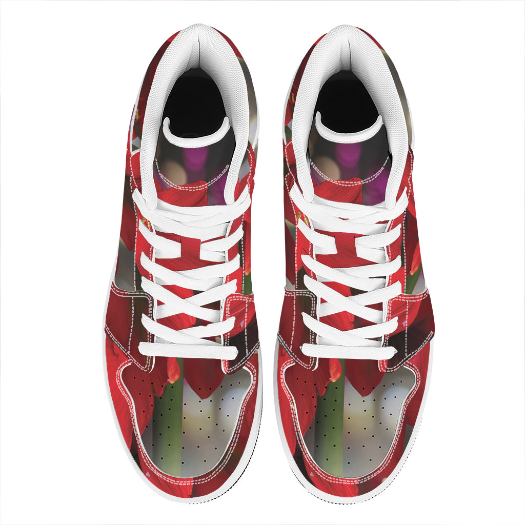 Red Amaryllis Print High Top Leather Sneakers