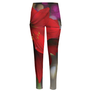 Red Amaryllis Print High-Waisted Pocket Leggings