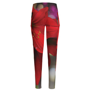 Red Amaryllis Print High-Waisted Pocket Leggings