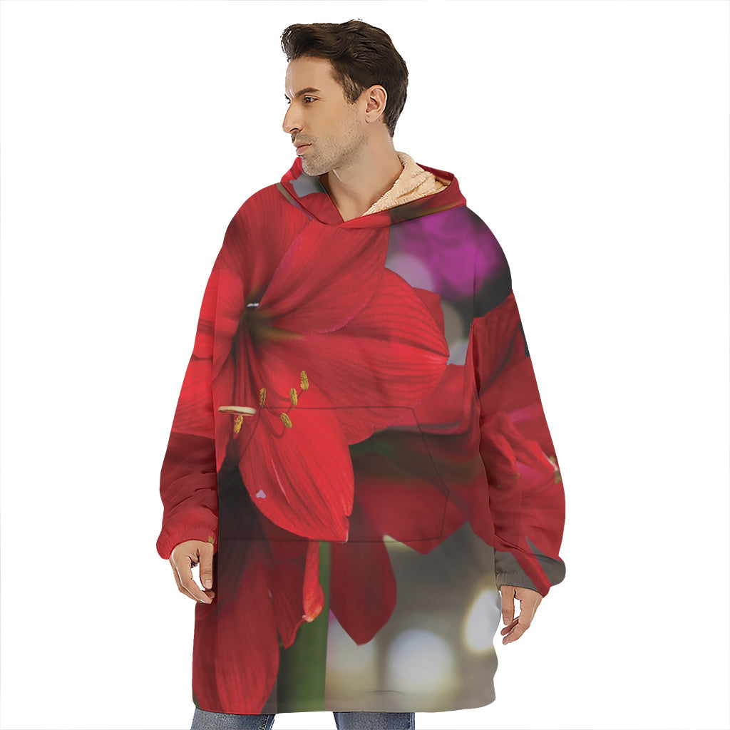 Red Amaryllis Print Hoodie Blanket