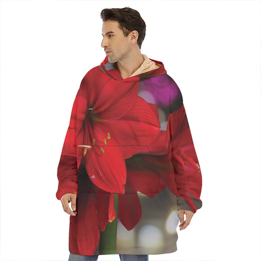 Red Amaryllis Print Hoodie Blanket
