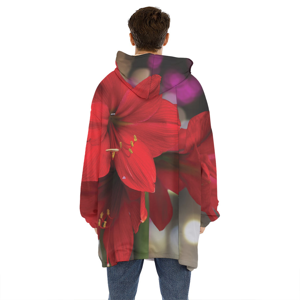 Red Amaryllis Print Hoodie Blanket