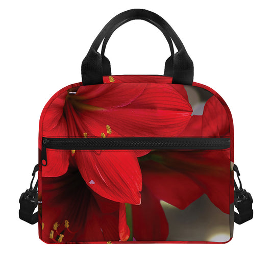 Red Amaryllis Print Insulated Lunch Bag