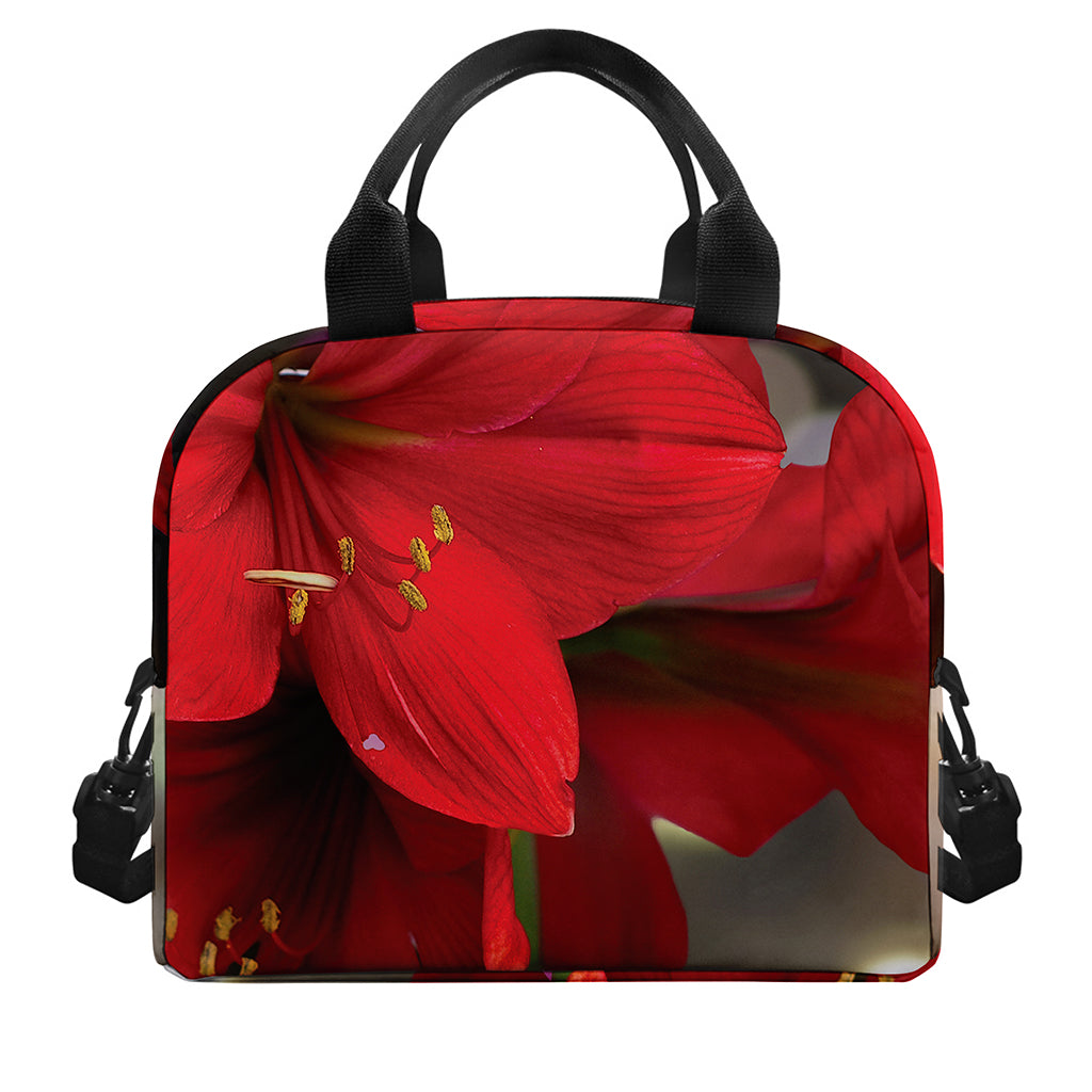 Red Amaryllis Print Insulated Lunch Bag