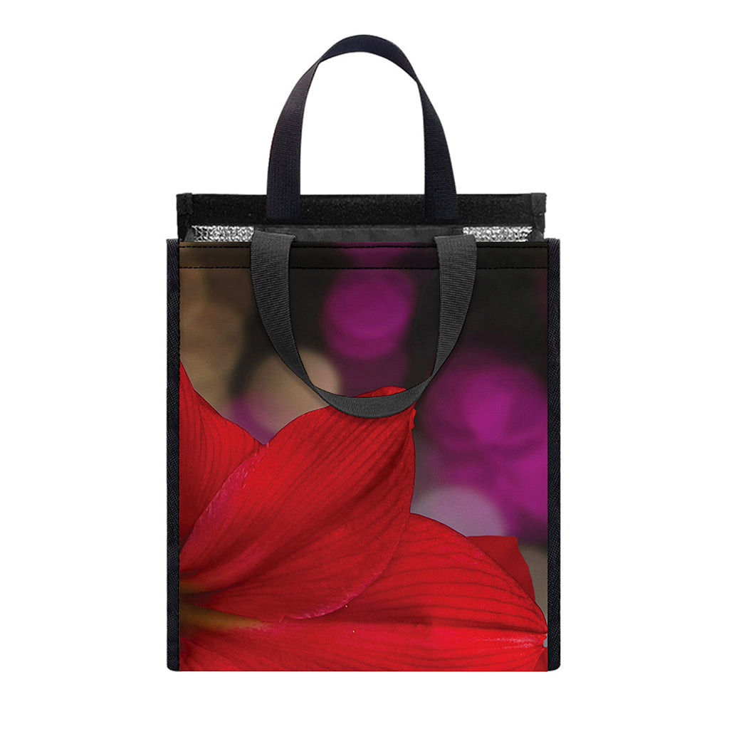 Red Amaryllis Print Insulated Lunch Tote