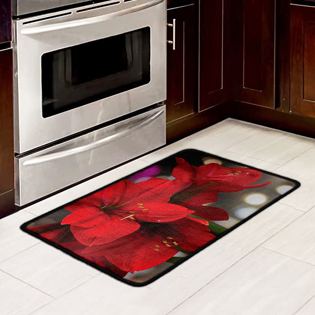 Red Amaryllis Print Kitchen Mat