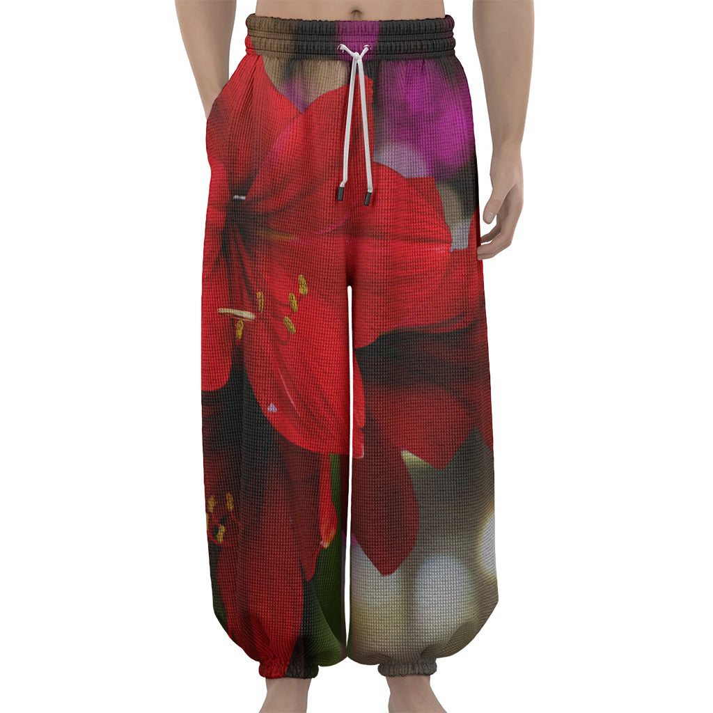 Red Amaryllis Print Lantern Pants