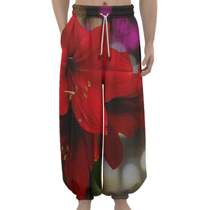 Red Amaryllis Print Lantern Pants