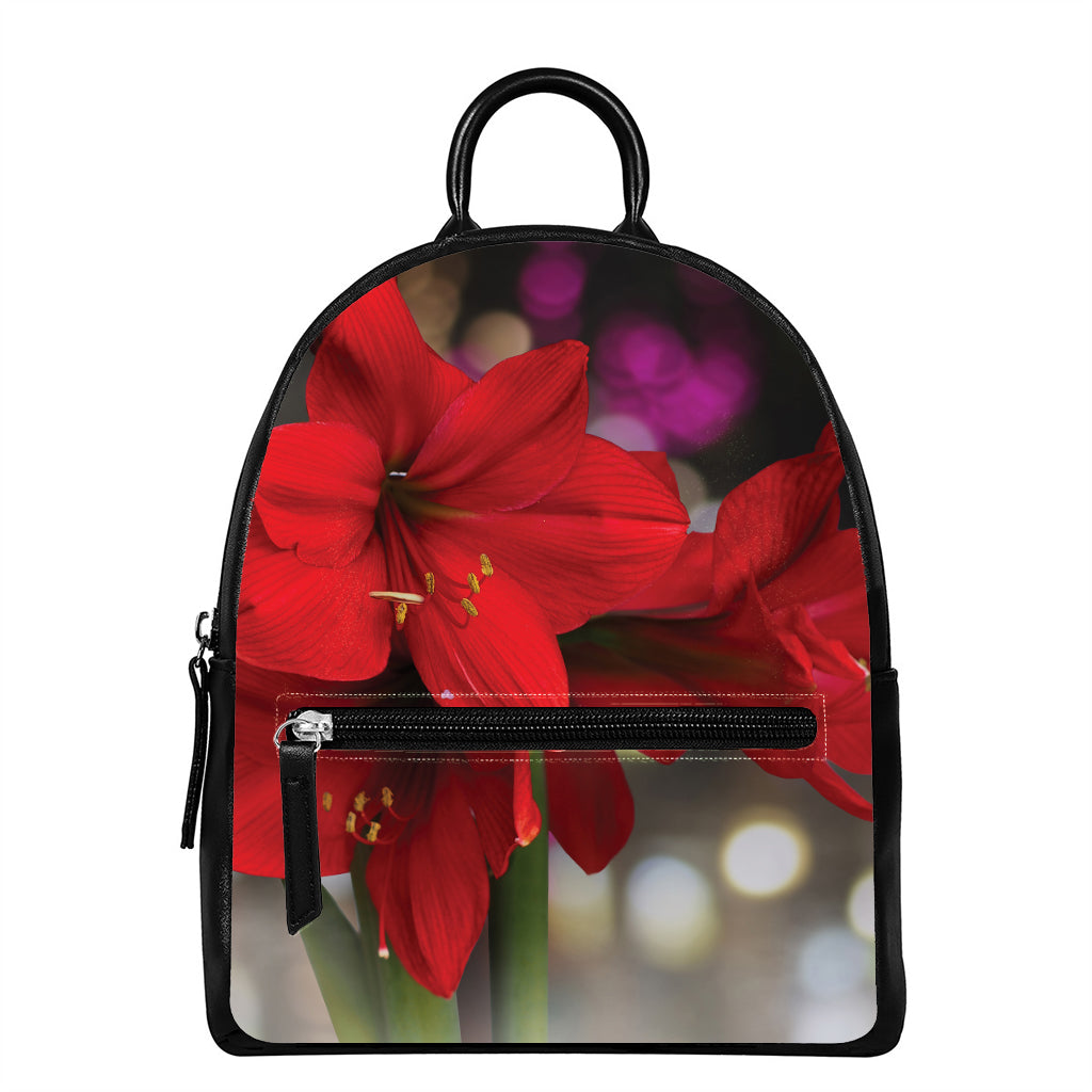 Red Amaryllis Print Leather Backpack
