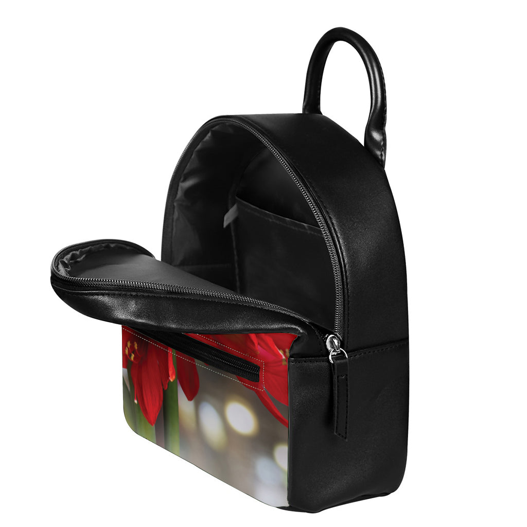 Red Amaryllis Print Leather Backpack