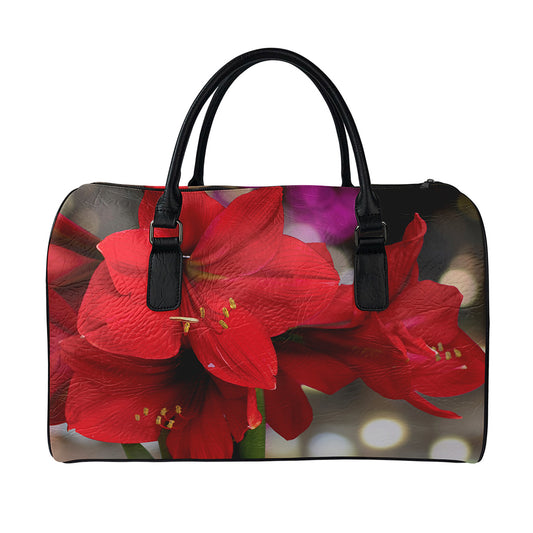 Red Amaryllis Print Leather Duffle Bag