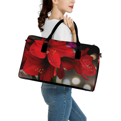 Red Amaryllis Print Leather Duffle Bag